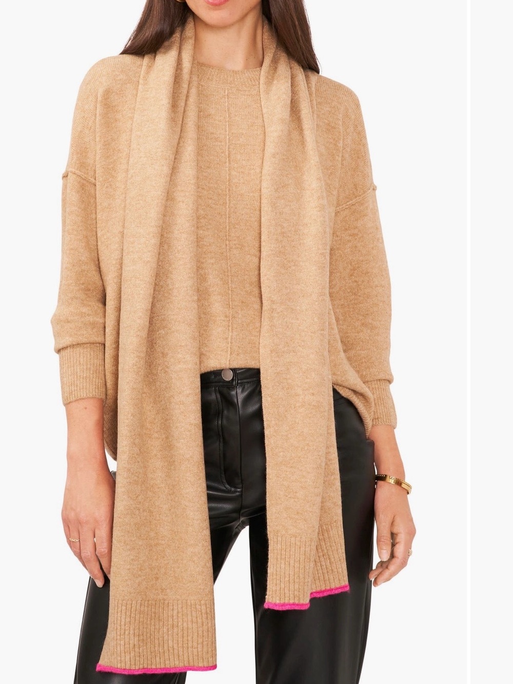 Vince Camuto Knit Crewneck Sweater with Attached Scarf Latte Heather Size S NWOT